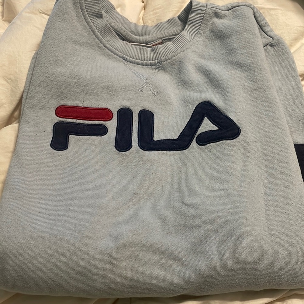 Blue fila sweatshirt with red and blue stripes